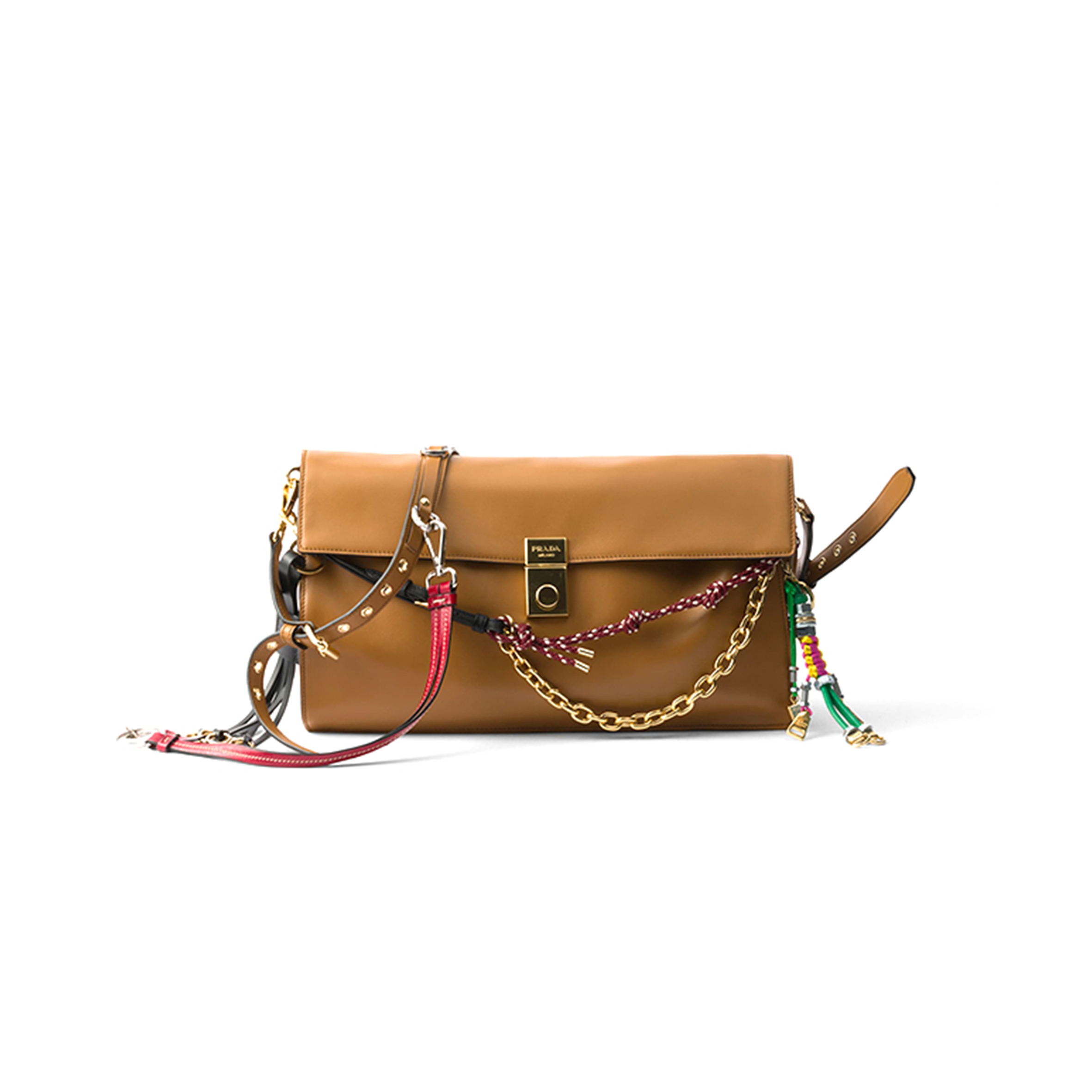 Pra*a soft sound large leather shoulder bag with charms 1bd378 (35*19.5*10.5cm)